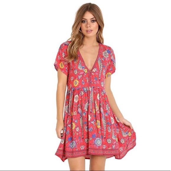 R. Vivimos Floral Peacock Boho Style Short sleeve Dress - Picture 1 of 12
